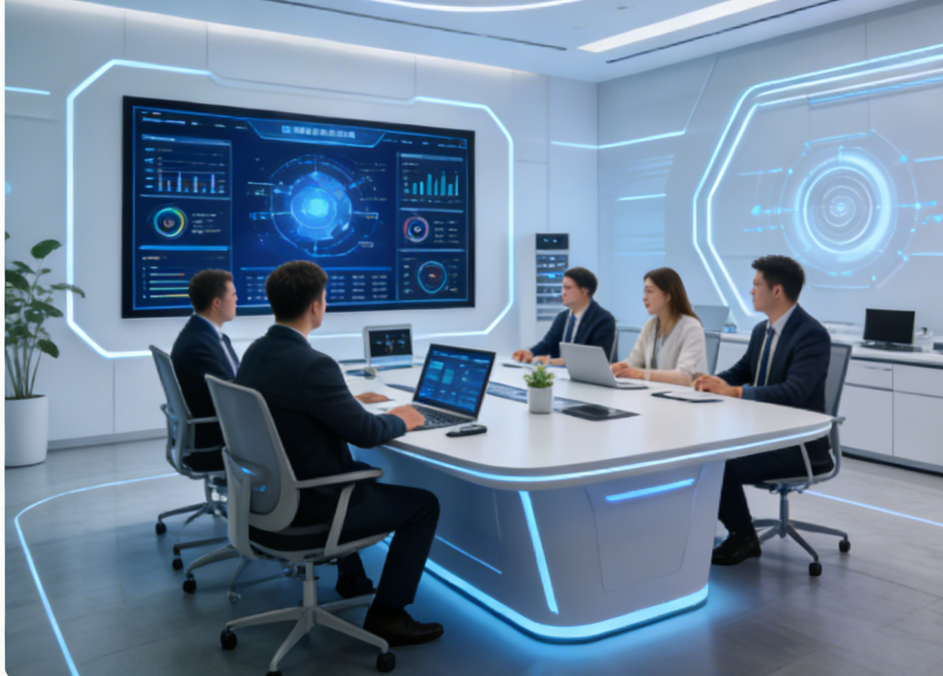 现代化办公环境,宽敞明亮的会议室,员工正在讨论项目方案,蓝色背景,自然光线